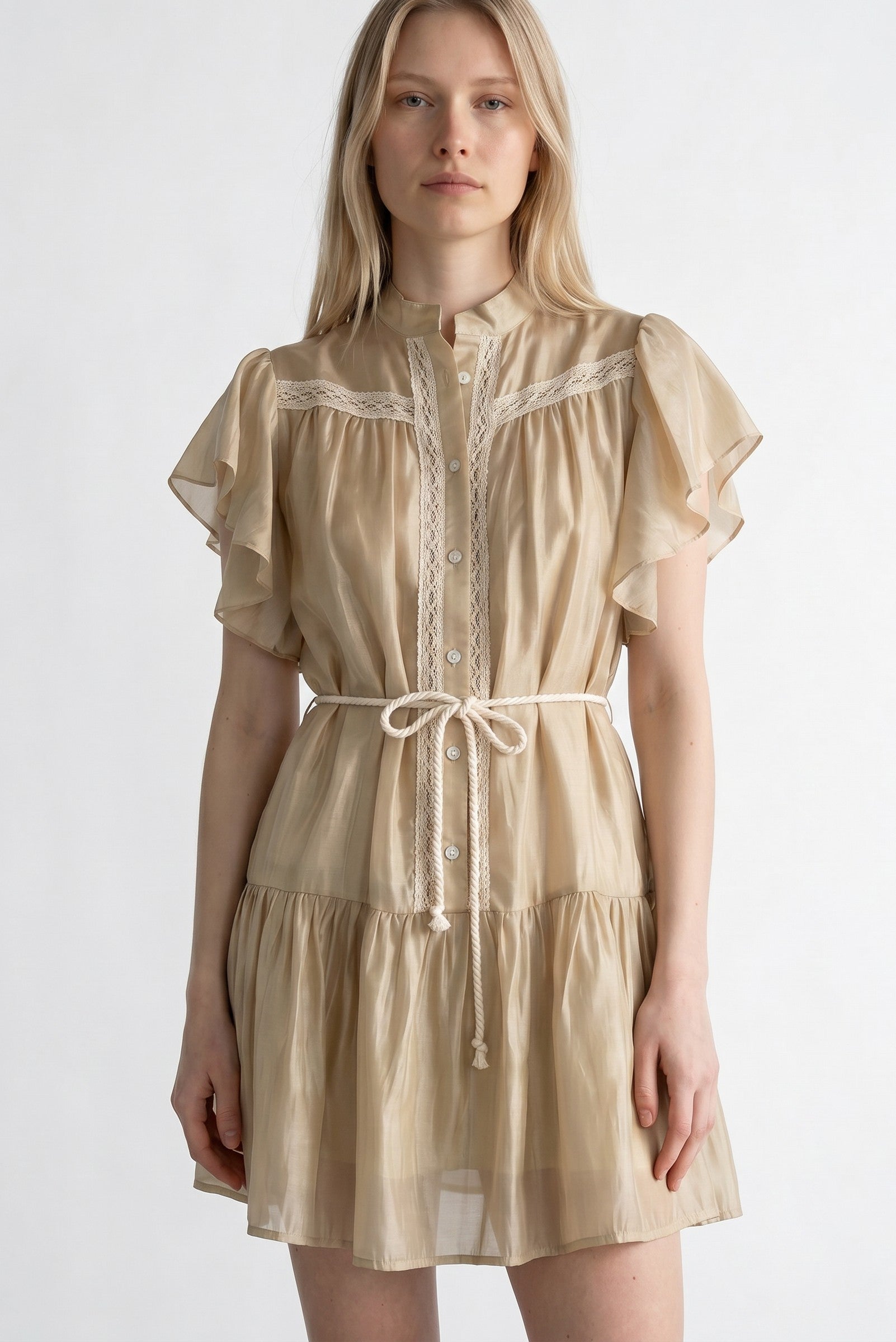Rochie mini de dama cu volane la fusta si cordon tip snur in talie