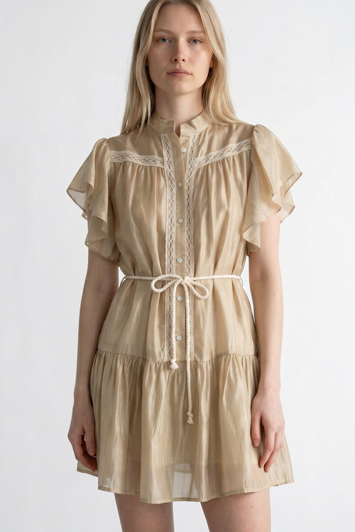 Rochie mini de dama cu volane la fusta si cordon tip snur in talie