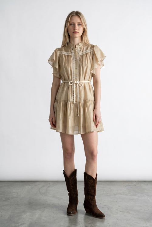 Rochie mini de dama cu volane la fusta si cordon tip snur in talie