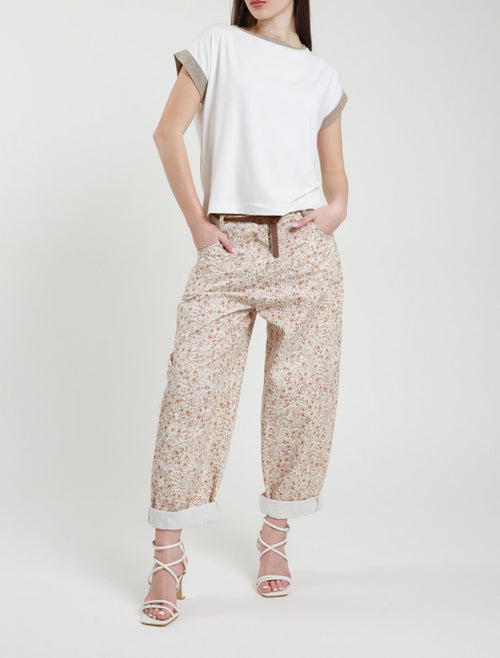Pantaloni dama cu imprimeu floral si curea