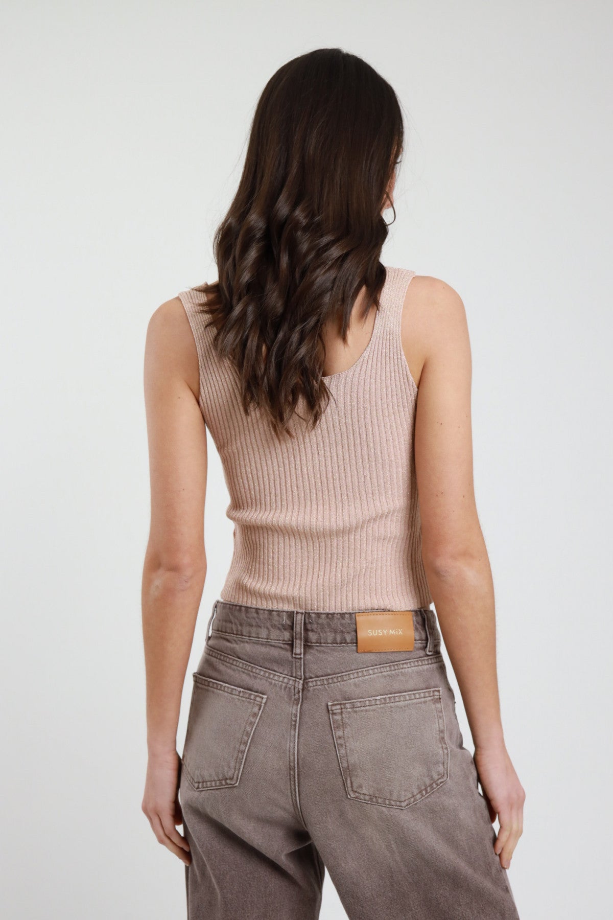 Crop top dama ribbed roz pudra