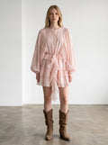 Rochie mini de dama Haveone Elisa din tencel cu maneci liliac si volane de vara culoare roz pudra