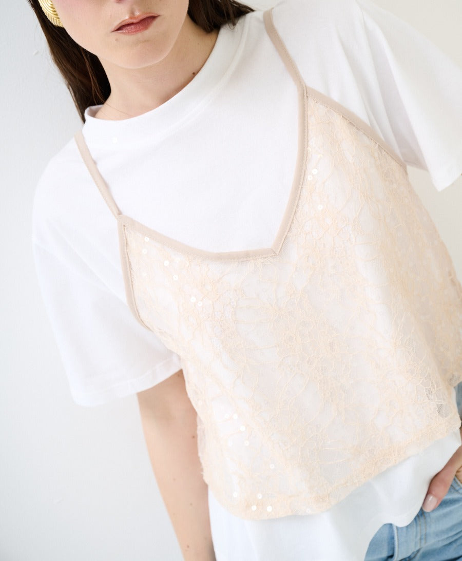 Tricou dama din bumbac cu top din dantela