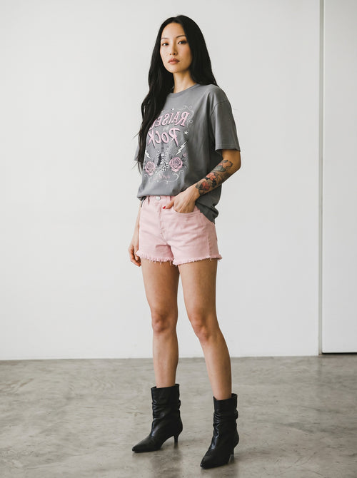 Pantaloni scurti din bumbac Haveone Isla albi cu tiv franjurat si 5 buzunare de dama culoare roz