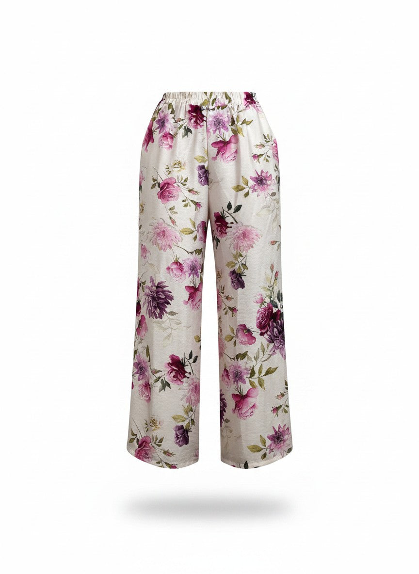 pantaloni de vara cu imprimeu Haveone PJK-Q426 din viscoza fluida culoare floral roz