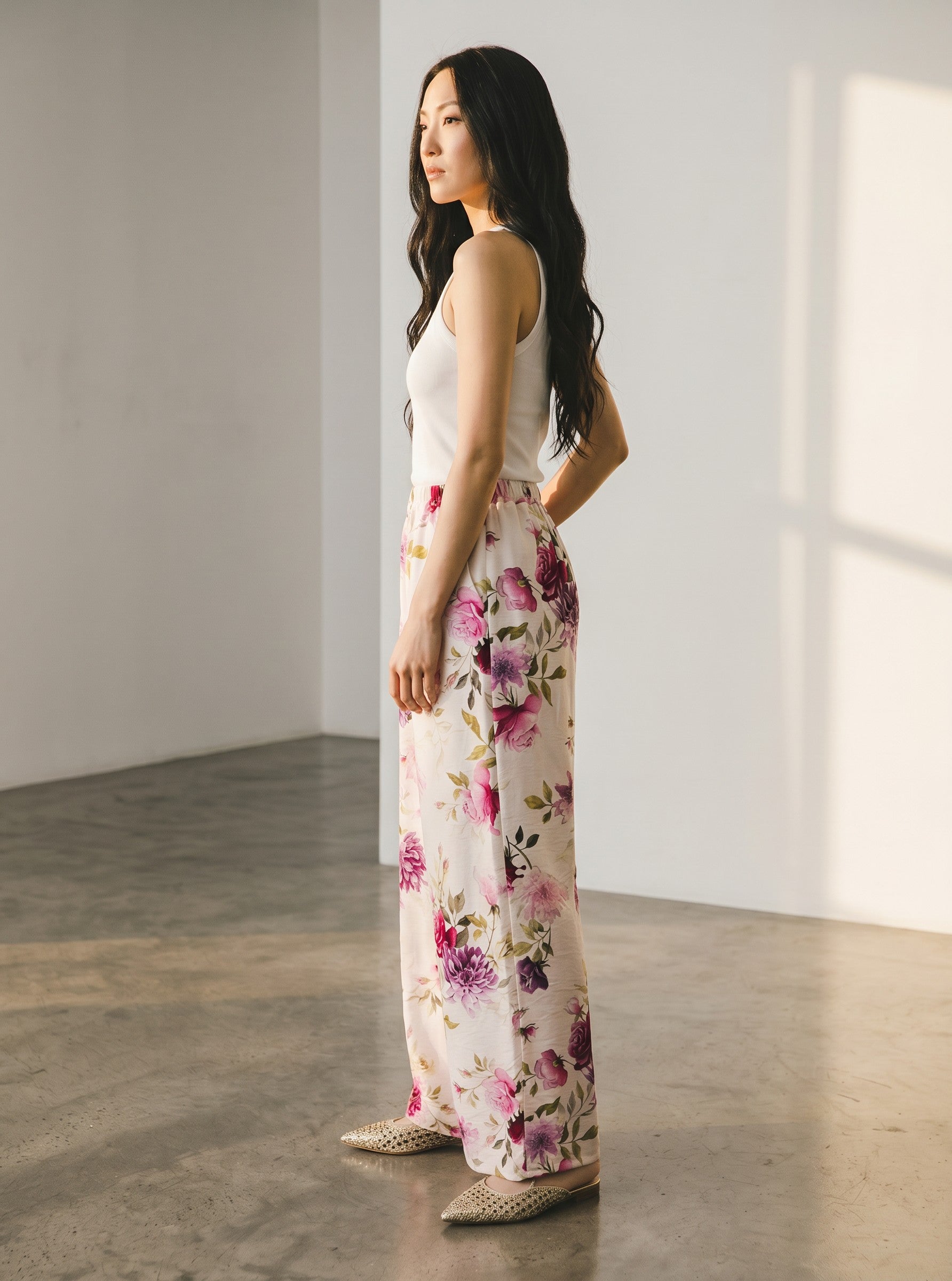 pantaloni de vara cu imprimeu Haveone PJK-Q426 din viscoza fluida culoare floral roz
