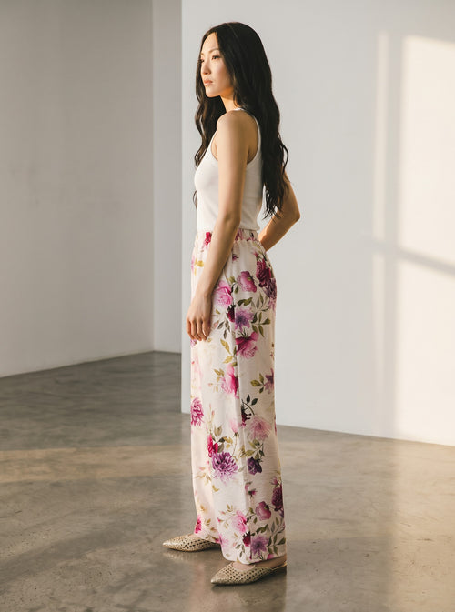 pantaloni de vara cu imprimeu Haveone PJK-Q426 din viscoza fluida culoare floral roz