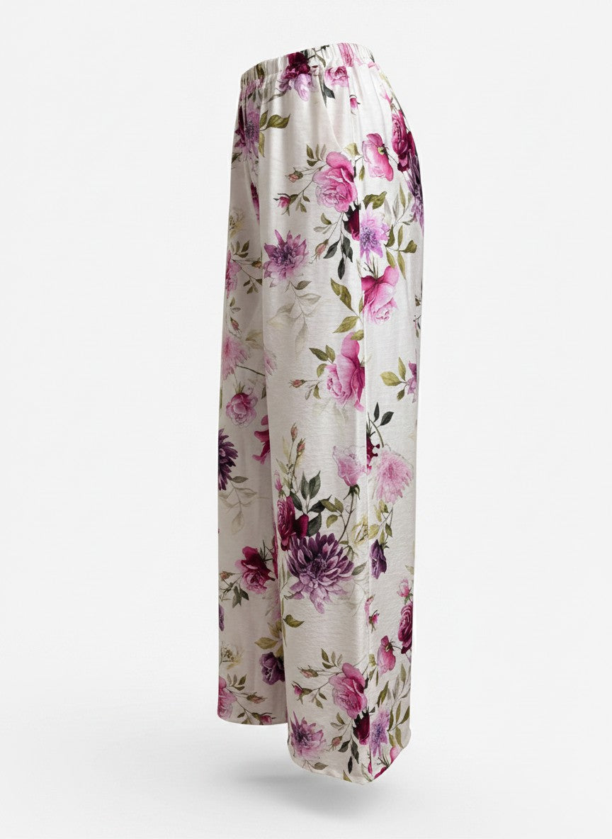 pantaloni de vara cu imprimeu Haveone PJK-Q426 din viscoza fluida culoare floral roz