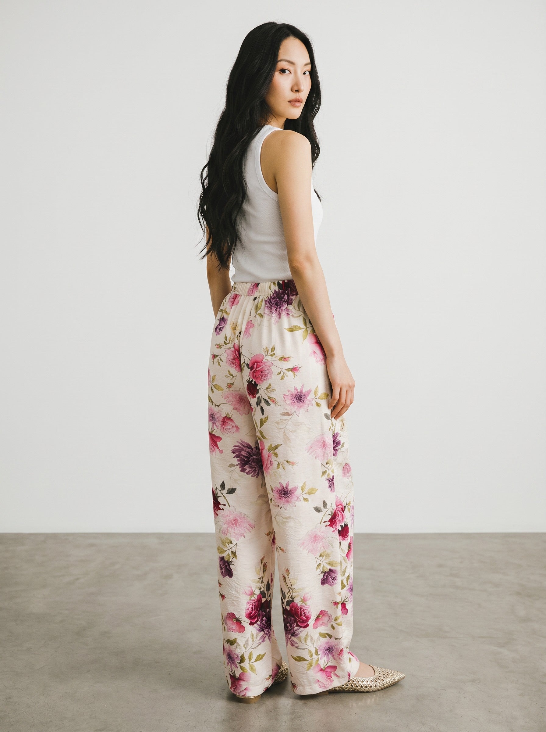 pantaloni de vara cu imprimeu Haveone PJK-Q426 din viscoza fluida culoare floral roz
