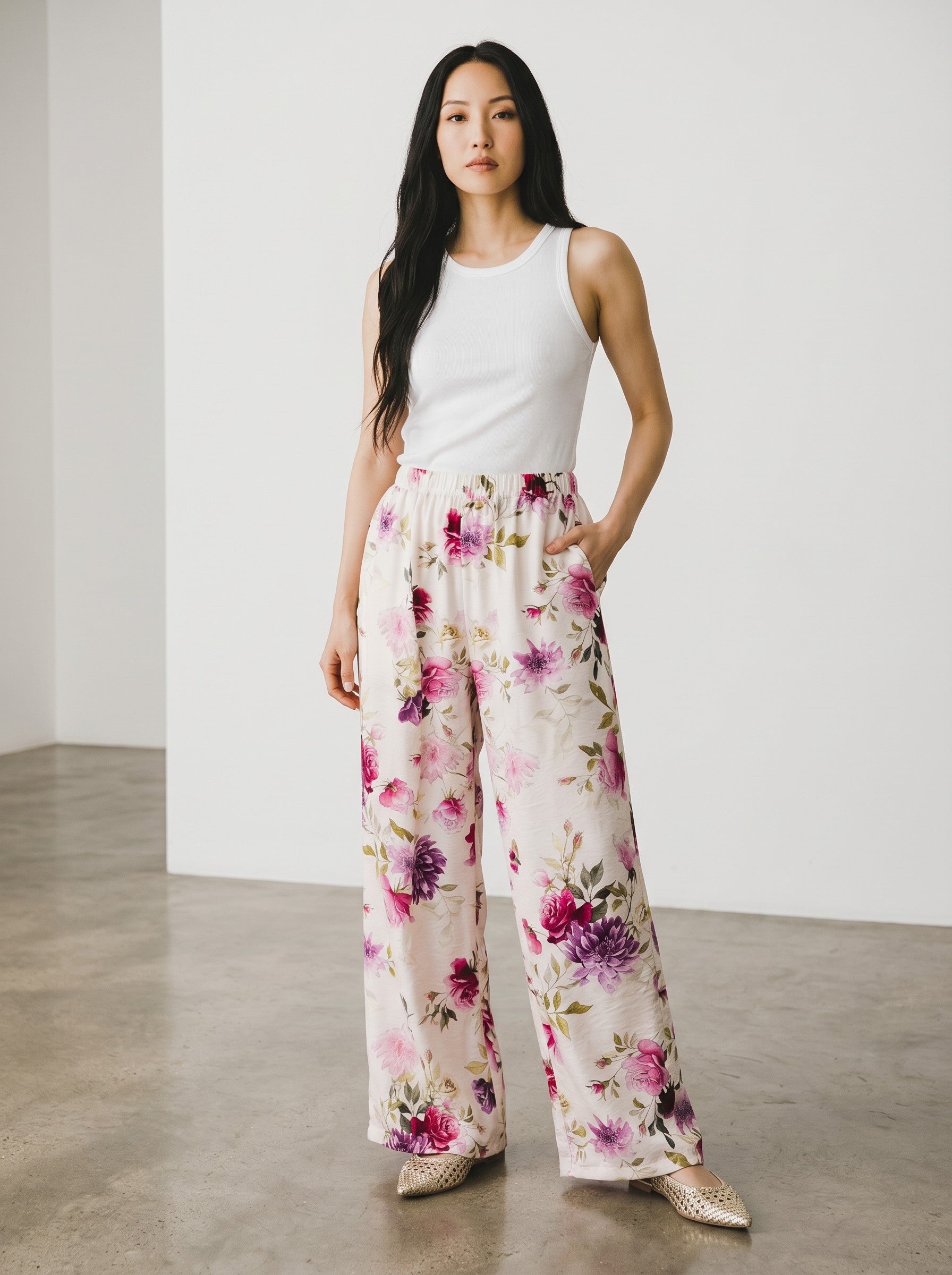 pantaloni de vara cu imprimeu Haveone PJK-Q426 din viscoza fluida culoare floral roz