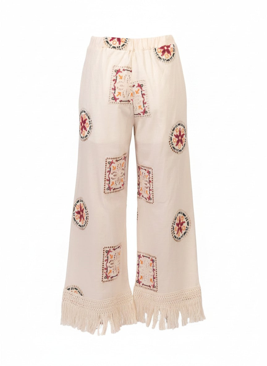 pantaloni drepti de dama Haveone cu broderie si franjuri la baza culoare bej