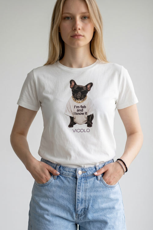 Tricou alb din bumbac Vicolo cu imprimeu amuzant bulldog francez si mesaj text pentru femei