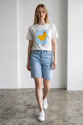 Tricou alb din bumbac de dama Vicolo cu imprimeu cu banane si strasuri
