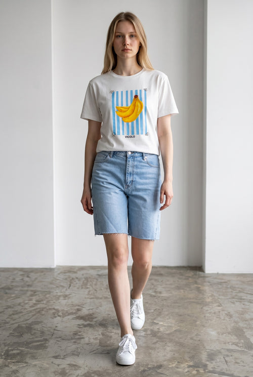 Tricou alb din bumbac de dama Vicolo cu imprimeu cu banane si strasuri