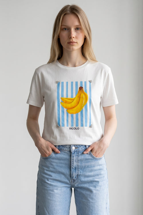 Tricou alb din bumbac de dama Vicolo cu imprimeu cu banane si strasuri