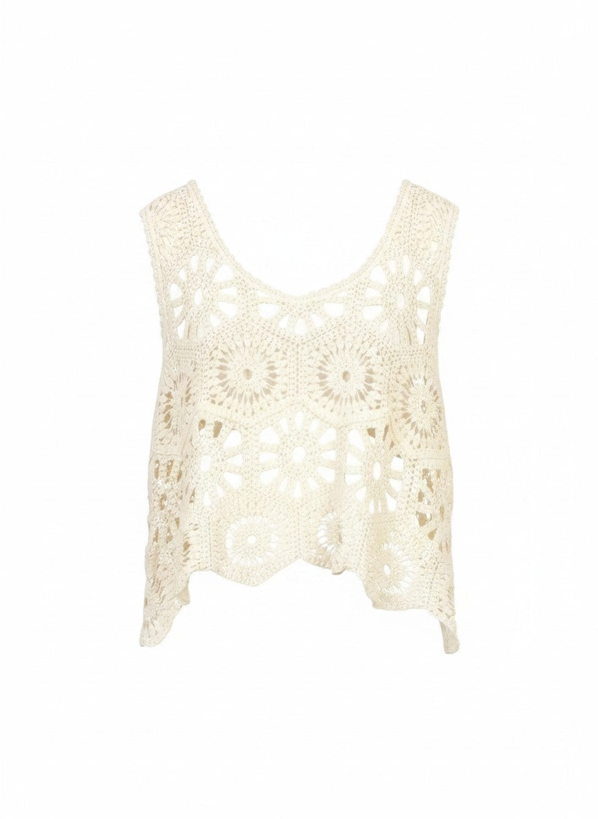 Top scurt crosetat Haveone de dama in stil boho chic cu bretele late culoare bej