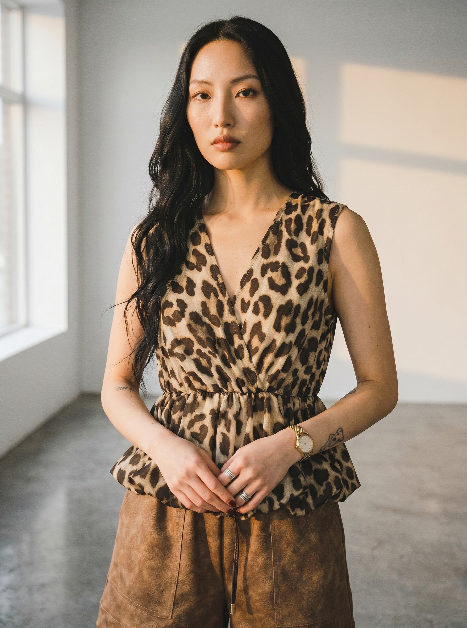 Top de dama Haveone animal print cu croiala bufanta tip balon din bumbac