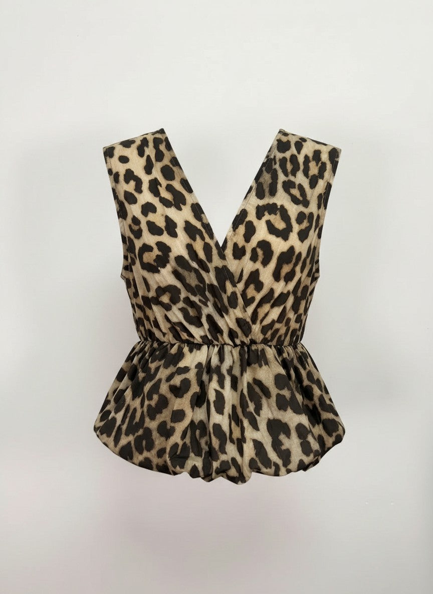 Top de dama Haveone animal print cu croiala bufanta tip balon din bumbac