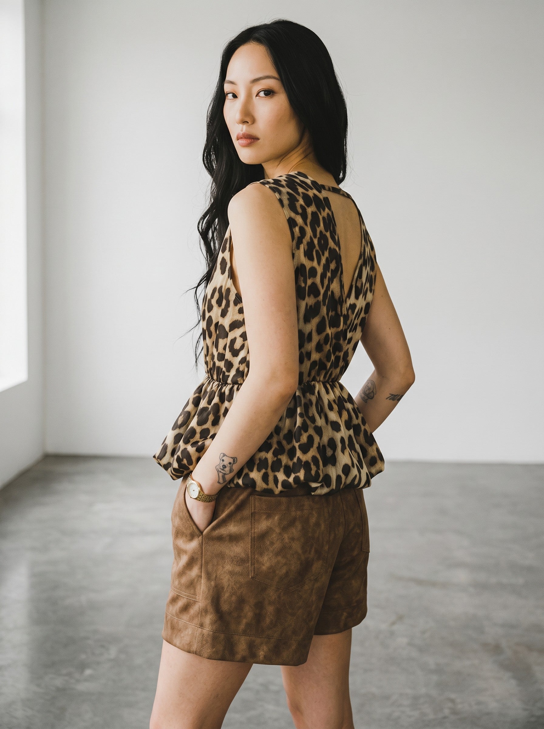 Top de dama Haveone animal print cu croiala bufanta tip balon din bumbac