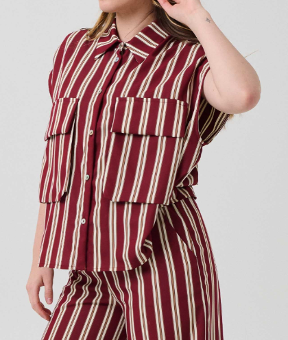 Camasa fara maneci Haveone cu dungi bordeaux si buzunare mari frontale
