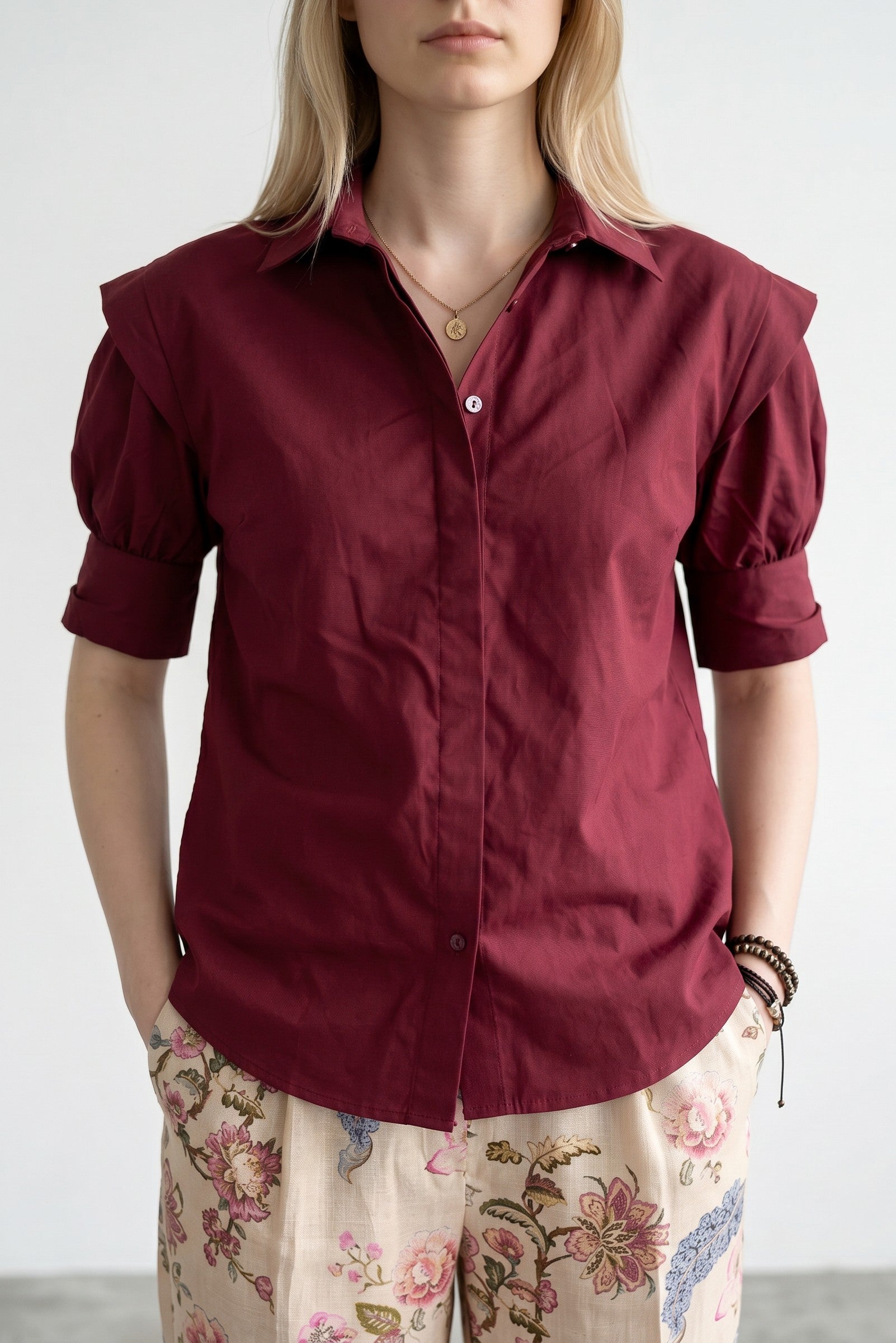 Camasa bordeaux oversized de dama din bumbac 100% cu maneca scurta