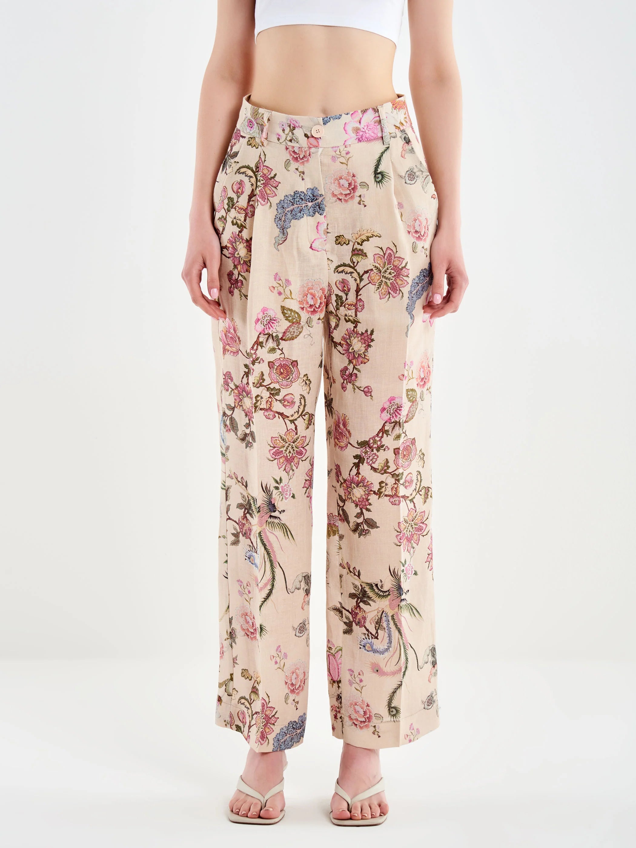 Pantaloni de vara din in cu flori roz Vicolo pentru femei