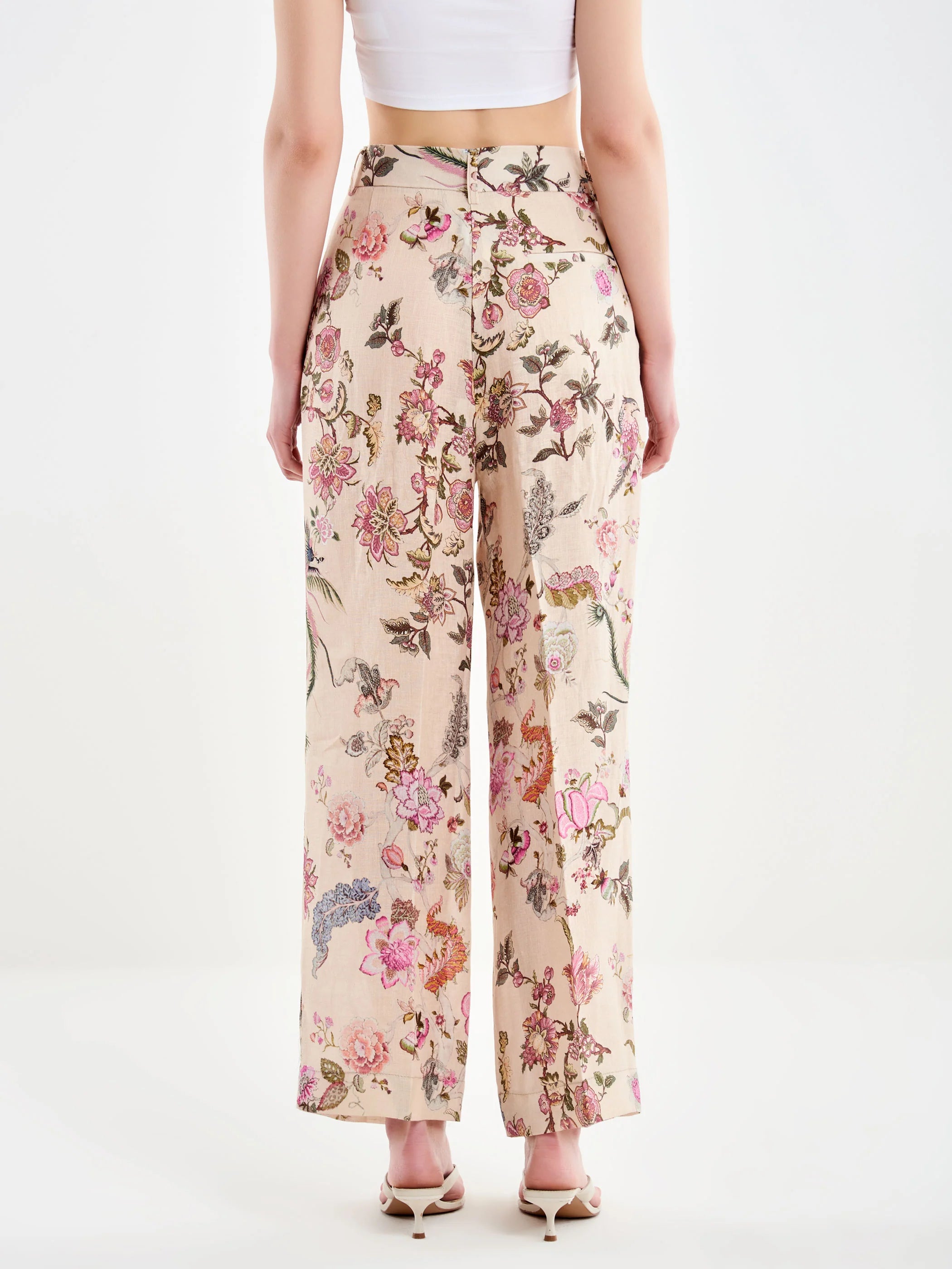 Pantaloni de vara din in cu flori roz Vicolo pentru femei
