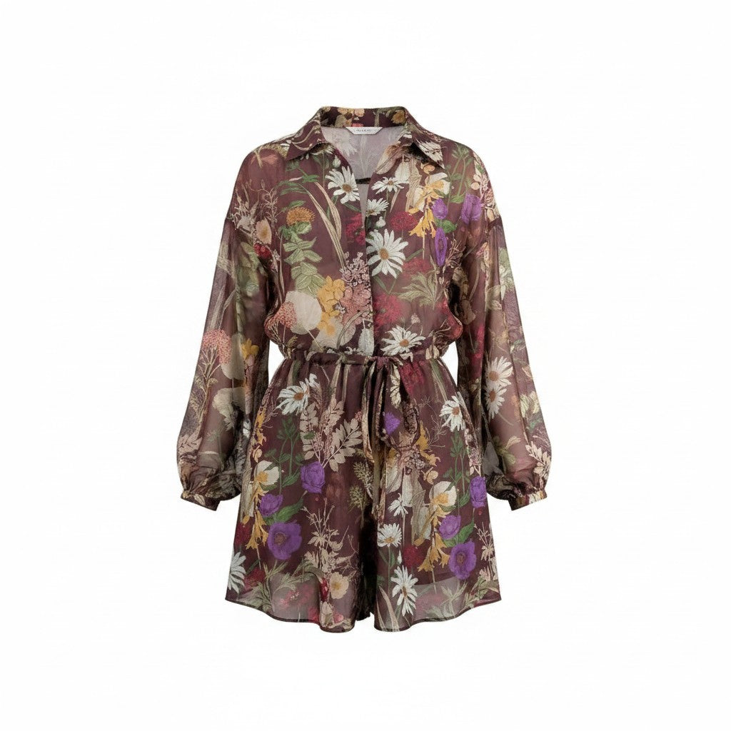 Rochie camasa de dama Vicolo visinie cu imprimeu floral si snur in talie