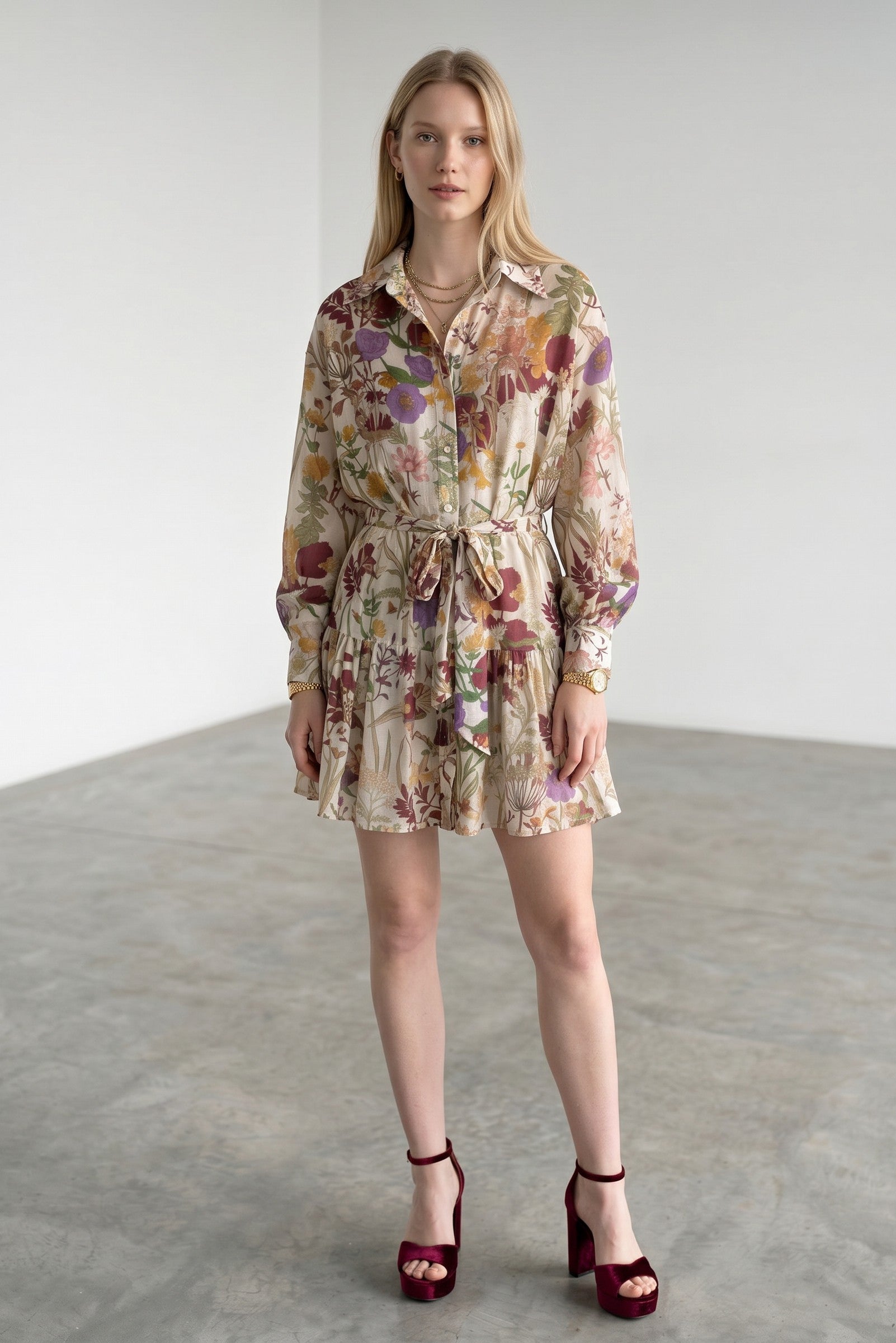 Rochie scurta stil camasa Vicolo cu imprimeu floral si cordon in talie