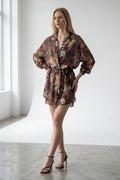 Rochie camasa de dama Vicolo visinie cu imprimeu floral si snur in talie