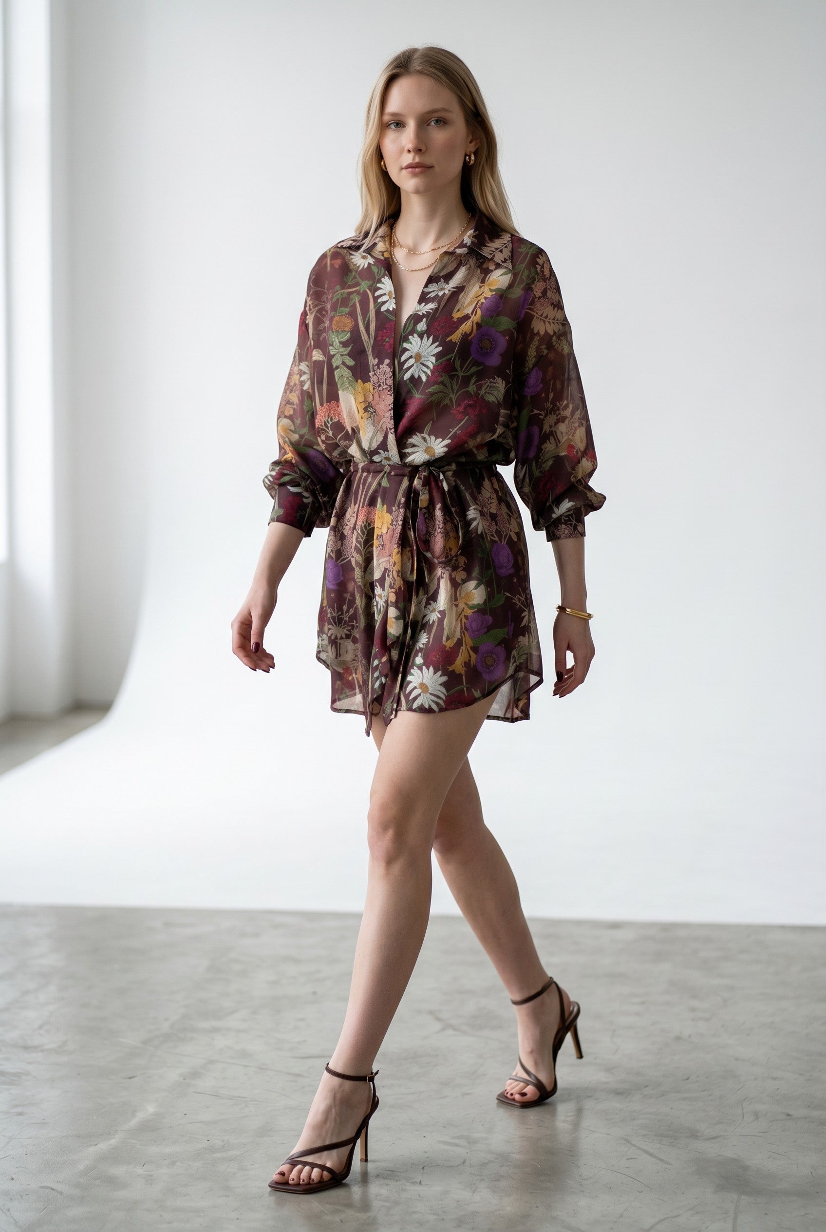 Rochie camasa de dama Vicolo visinie cu imprimeu floral si snur in talie