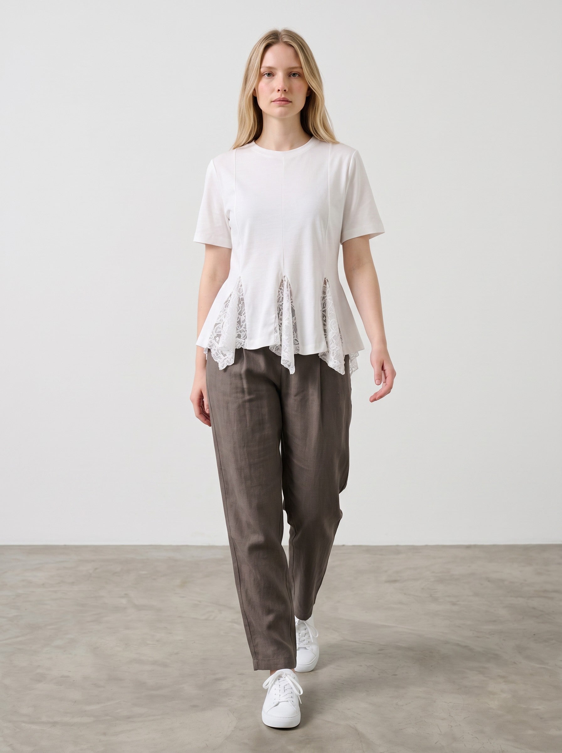 Tricou de dama Haveone din bumbac cu detalii din dantela culoare alb
