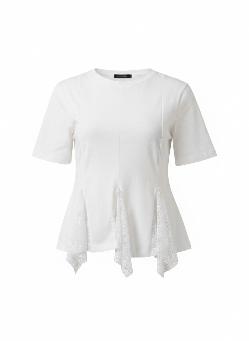 Tricou de dama Haveone din bumbac cu detalii din dantela culoare alb