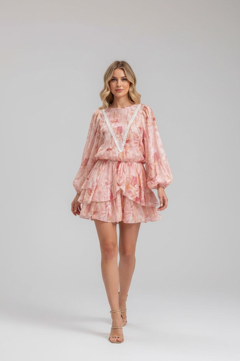 Rochie mini de dama imprimeu floral de vara Haveone cu maneci bufante si volane