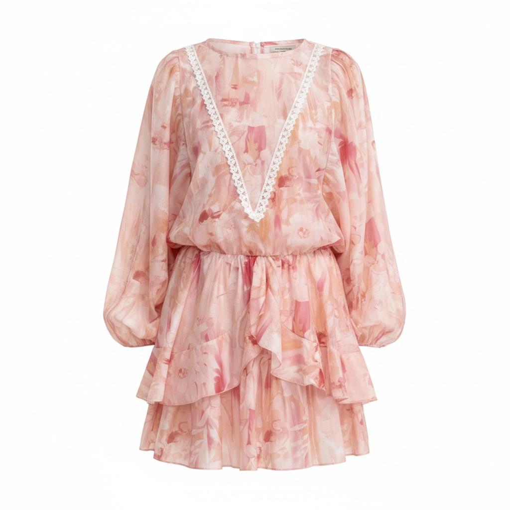 Rochie mini de dama imprimeu floral de vara Haveone cu maneci bufante si volan