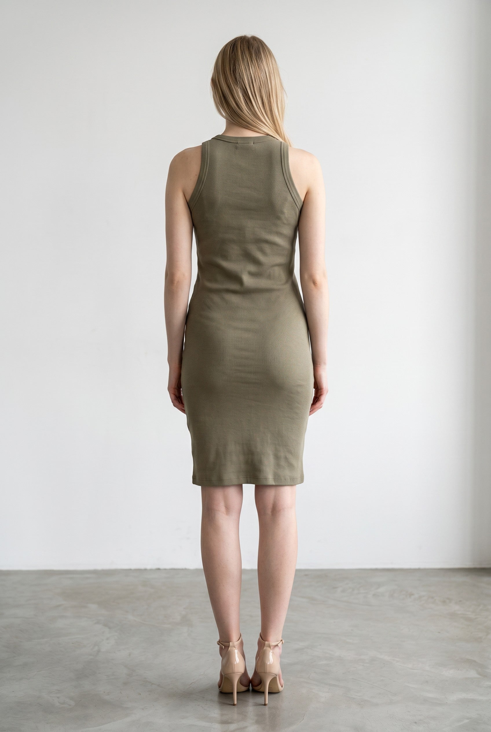 Rochie de dama tip maiou verde kaki din bumbac reiat mulat basic pentru vara