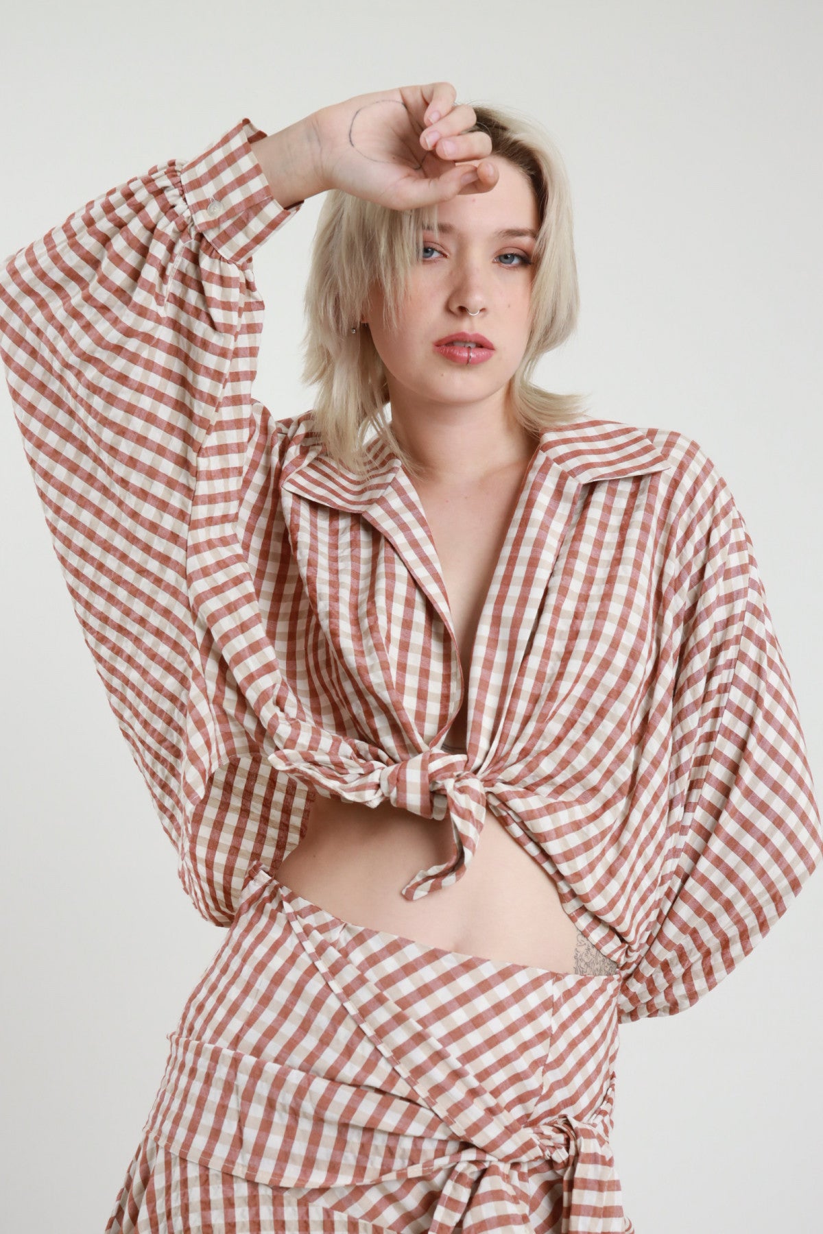 Cămașă Crop Susy Mix cu carouri roz