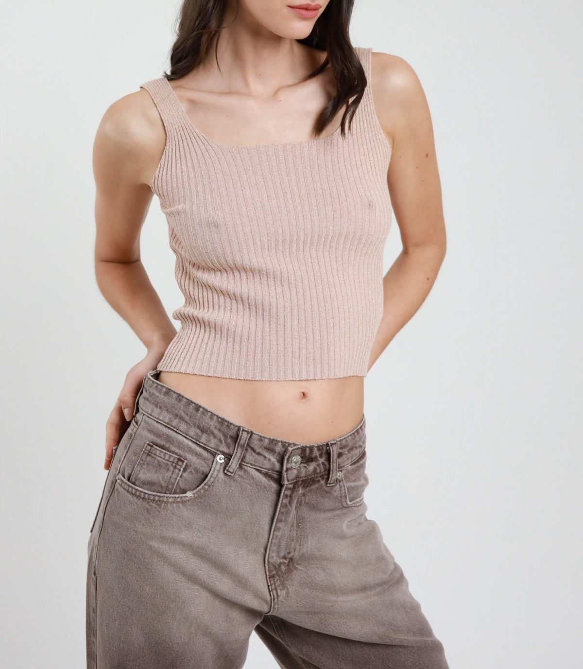 Crop top dama ribbed roz pudra